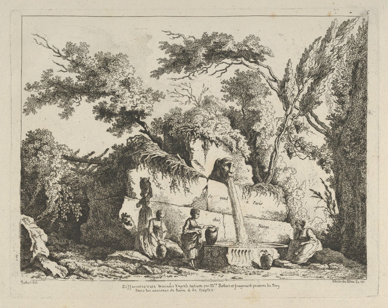 Titelsida från Olika vyer hämtade från naturen... i Roms omgivningar, 1700-tal. av Adélaide Allou