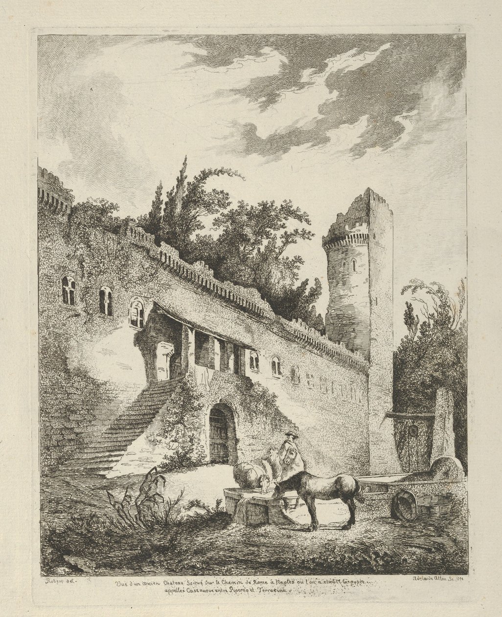Utsikt över ett gammalt slott som ligger på vägen från Rom till Neapel från Differentes vue..., 1700-talet. av Adélaide Allou