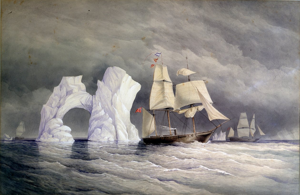 De brittiska fartygen Phoenix, Talbot och Diligence korsar ett isberg (Arktiska Kanada). Akvarell (58x88 cm), av Edward Augustus Inglefield (1820-1894) av Admiral Edward Augustus Inglefield