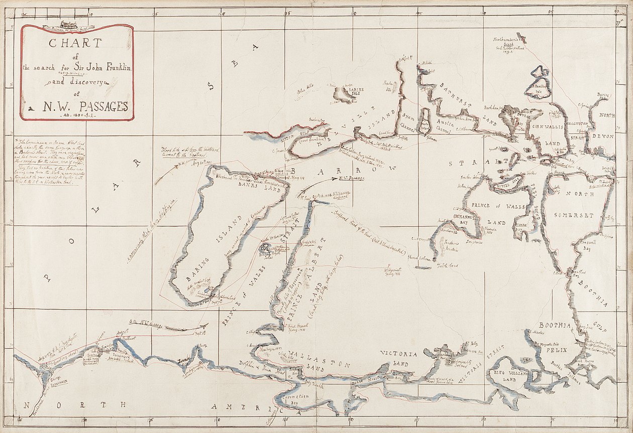 Karta över sökandet efter Sir John Franklin och upptäckten av Nordvästpassagen av Admiral Edward Augustus Inglefield