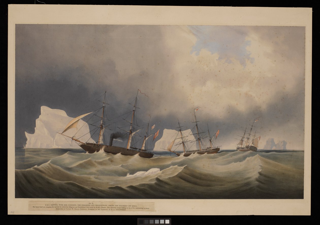 H.M.S. Phoenix med sina följeslagare Diligence och Breadalbane bland isbergen av Admiral Edward Augustus Inglefield