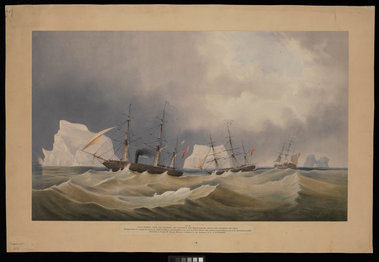 H.M.S. Phoenix med sina följeslagare Diligence och Breadalbane bland isbergen av Admiral Edward Augustus Inglefield