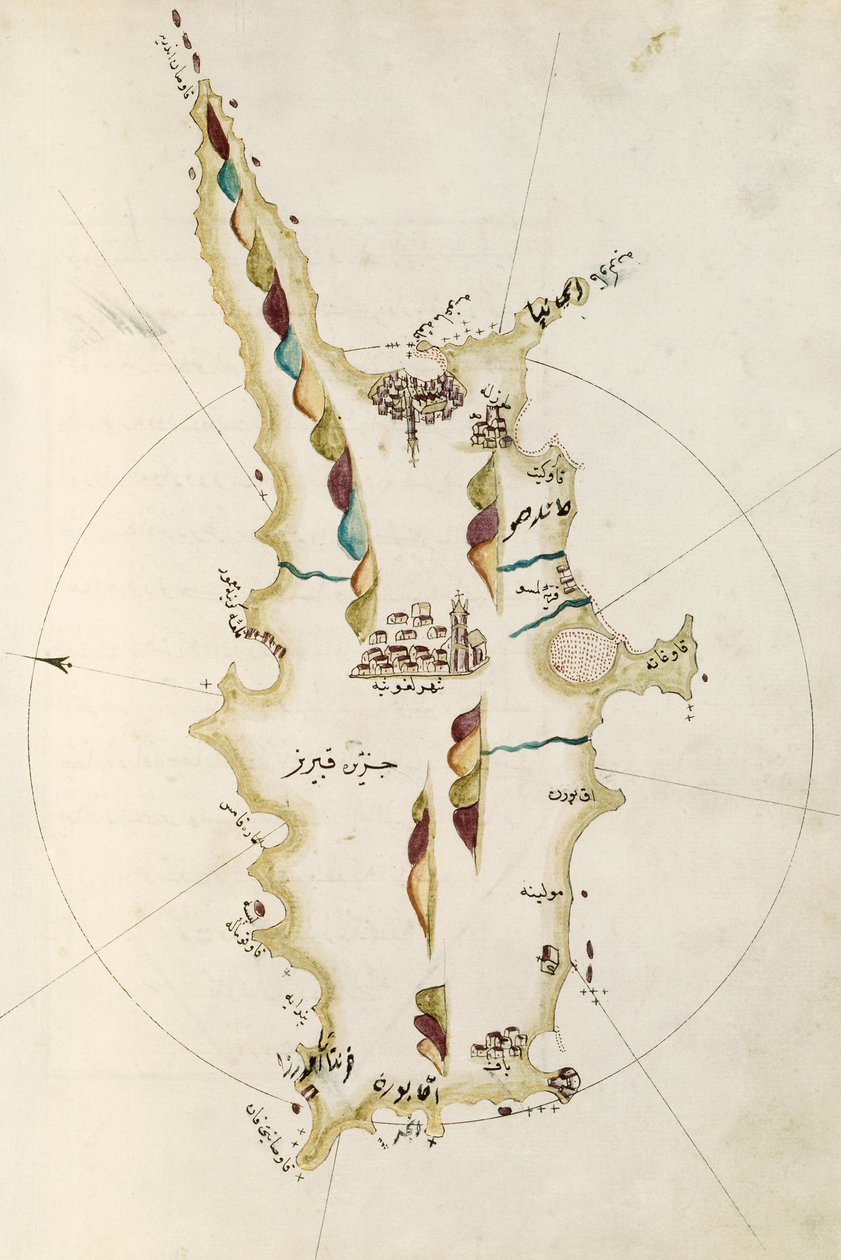 Karta över ön Cypern, illustration från Portolano-atlas, av amiral Piri Reis (1465-1470 - 1553-1554) av Admiral Piri Reis