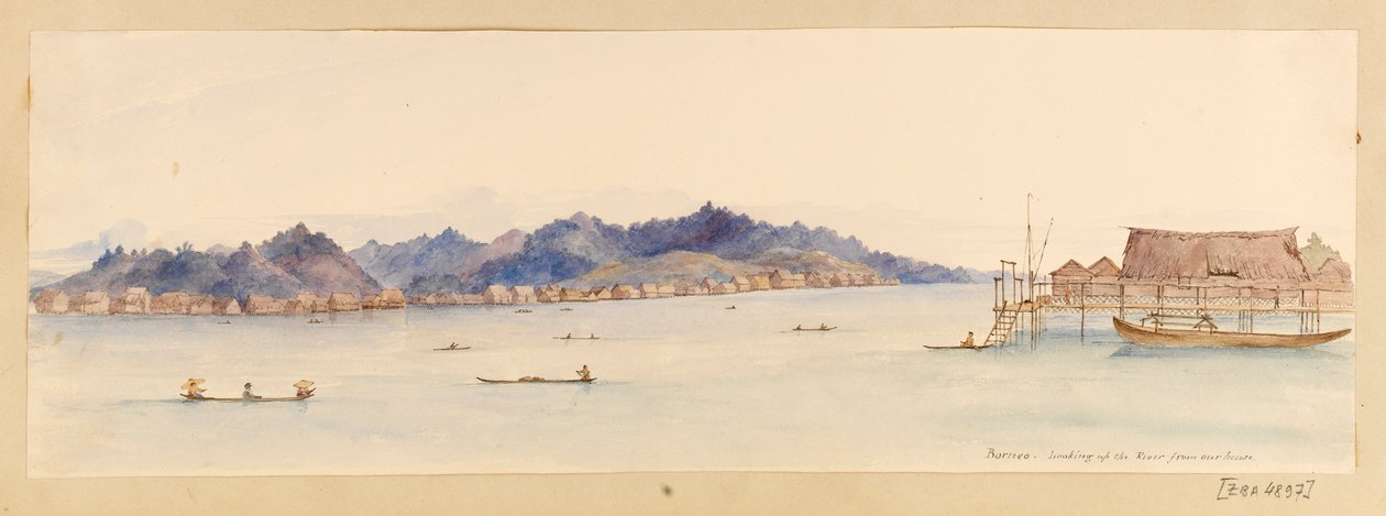 Borneo - Looking up the River from our house från West Indies, North American and Borneo scrapbook, ca 1845 (Akvarell) av Admiral Sir Edward Gennys Fanshawe