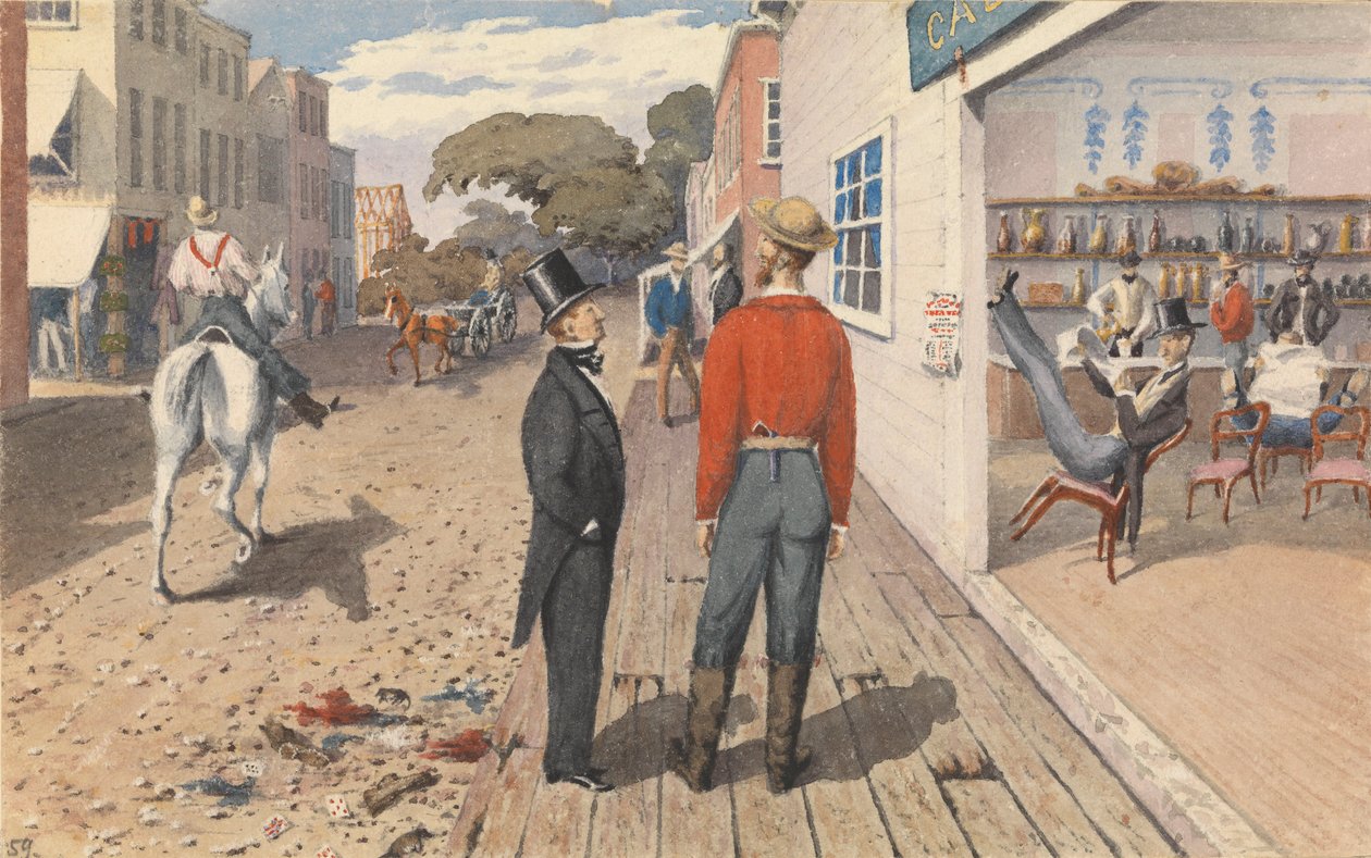 "Mr Rust, redaktör för "Pacific Star", och hans bror, Dr Rust, utanför en saloon i Sacramento City [Kalifornien], september 1851 av Admiral Sir Edward Gennys Fanshawe