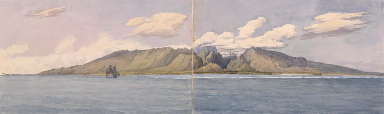 "Tahiti [Samhällsöarna]. Ravinen vid Fautaua - Kron- eller Diademeberget i mitten av ön, och staden Papeiti, 24 augusti 1849