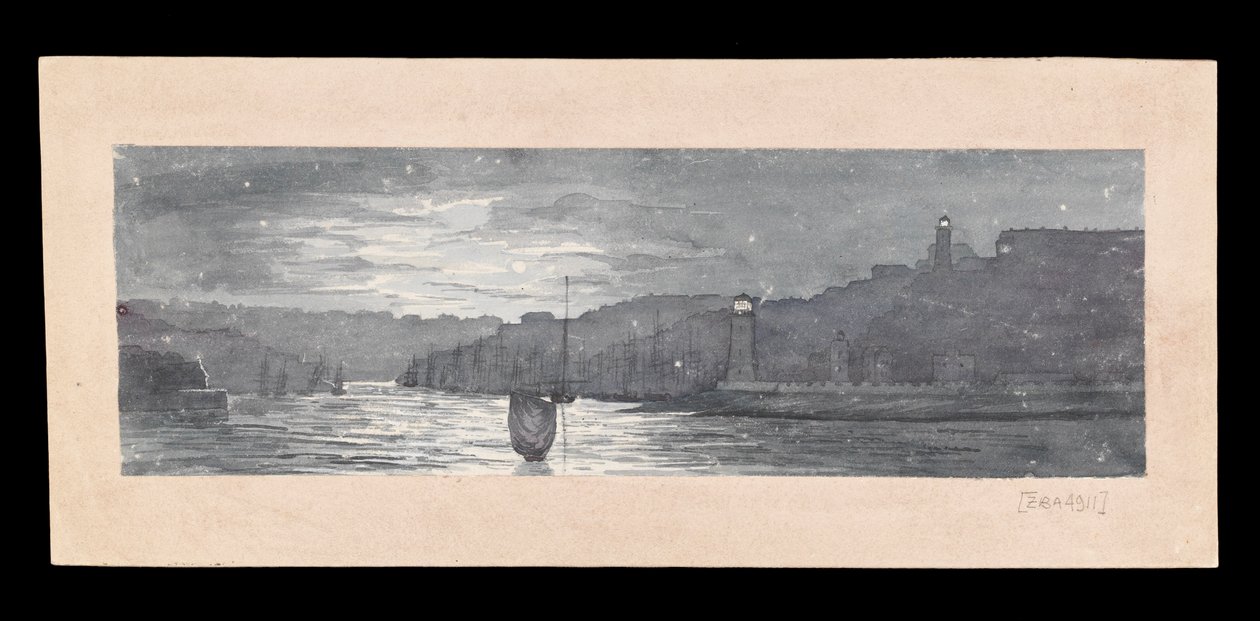 Tynes mynning, med North och South Shields, i månsken, ca 1840 (akvarell, skrapning, papper) av Admiral Sir Edward Gennys Fanshawe