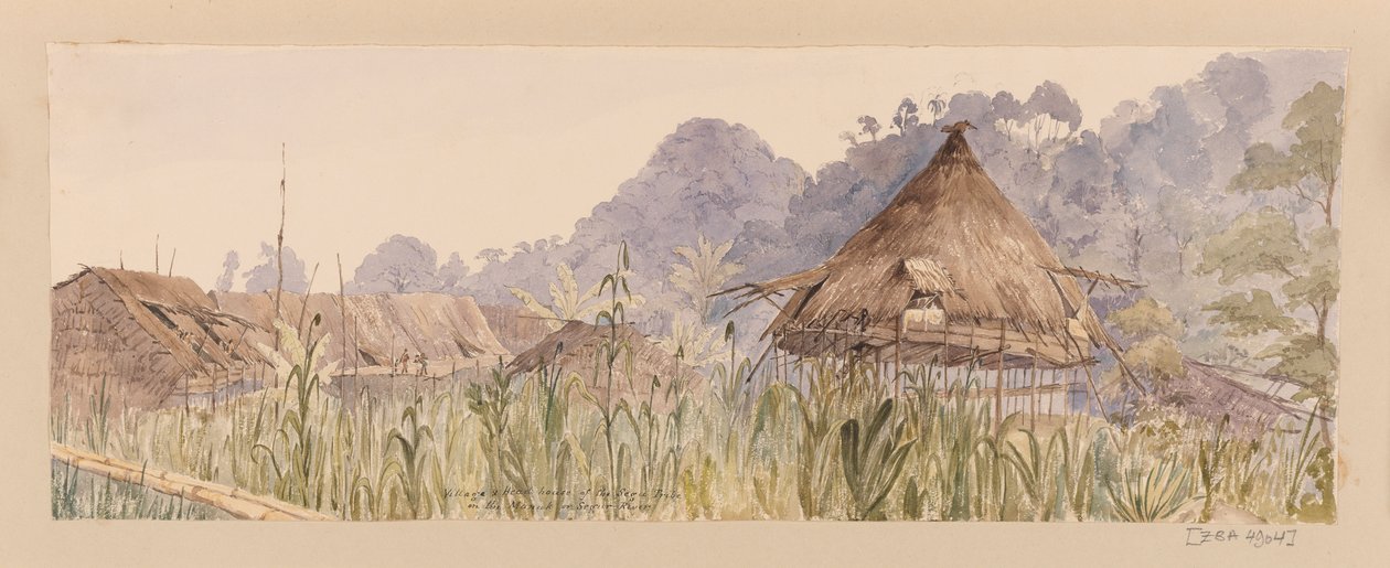 By och huvudhus för Segu-stammen eller Vid Manuk- eller Segur-floden från Västindien, Nordamerika och Borneo klippbok av Admiral Sir Edward Gennys Fanshawe