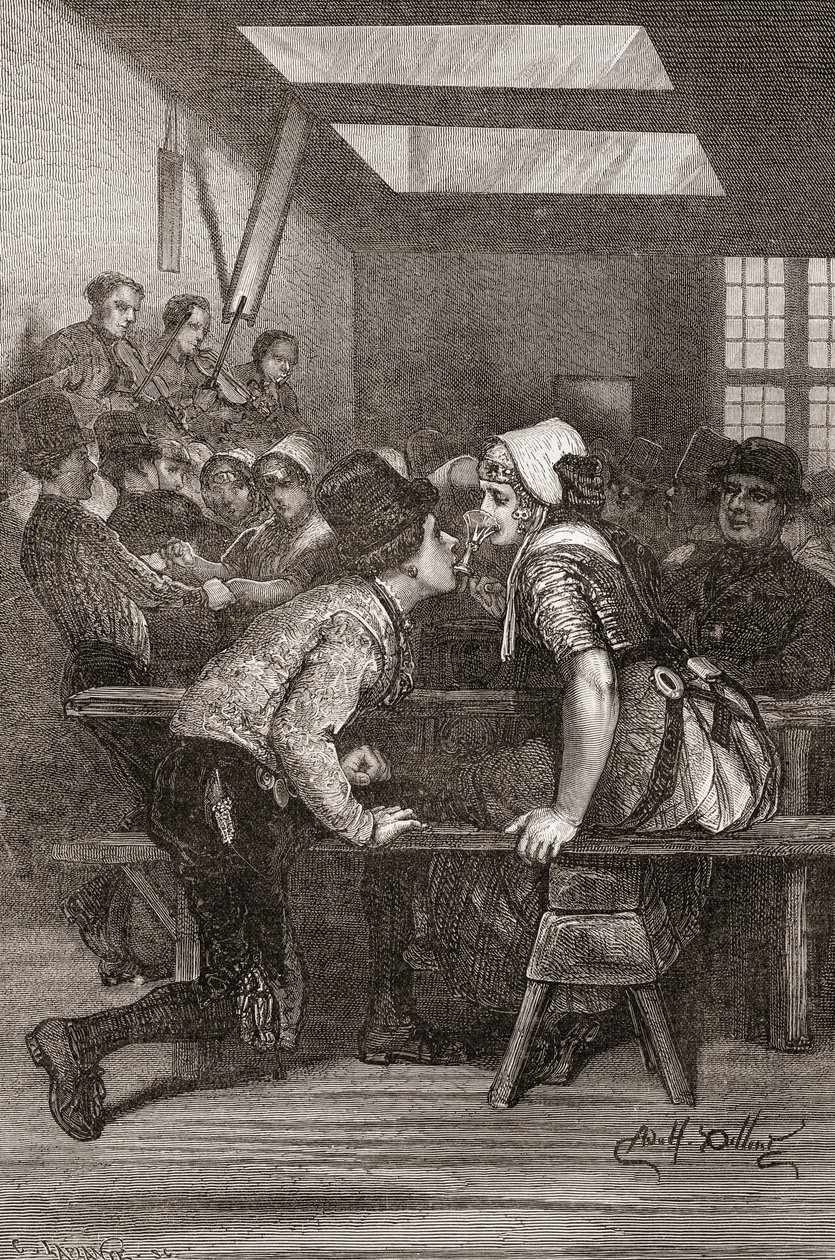 En ung man håller ett glas i tänderna för sin älskare att dricka ur, Zeeland, Nederländerna, illustration från 