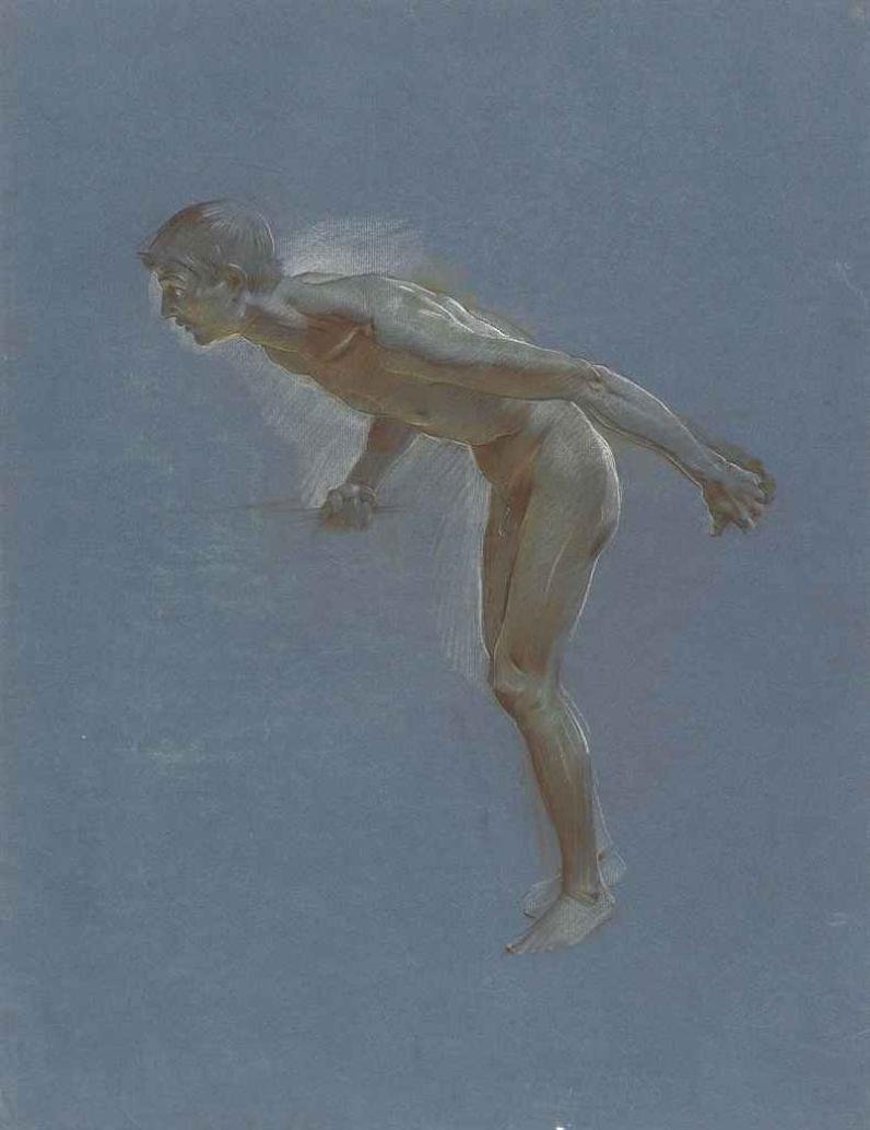 A Male Nude, Leaning Forward, Holding a Bar av Adolf Hiremy Hirschl