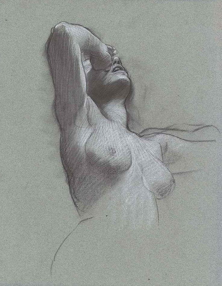 A nude woman, half-length, with her hand raised to her eyes av Adolf Hiremy Hirschl