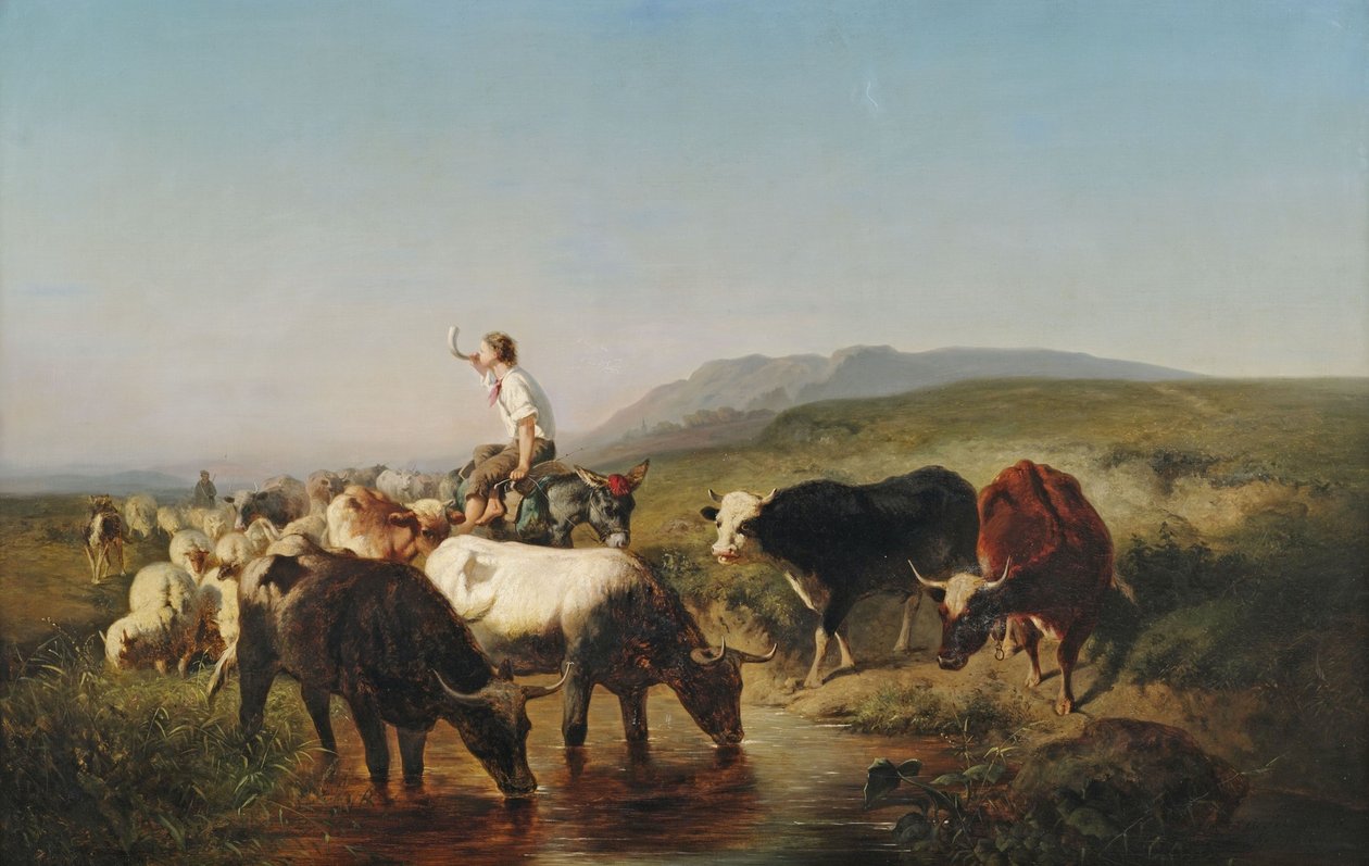 Vieh- und Schafherde mit eselreitendem Hirtenknaben in weiter Landschaft av Adolf Schreyer