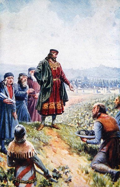 Karl IV inspekterar druvor under sin uppmuntran till vinframställning i Böhmen, tidigt 1900-tal (färg litho) av Adolf (after) Liebscher