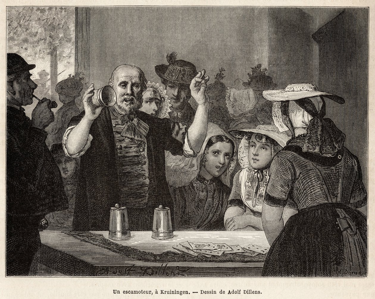 En retraktor, på ett värdshus i Kruiningen, gör sitt nummer inför uppmärksamma åskådare, graverat efter teckningen av Adolf Dillens, som illustrerar en resa till Zelande (Neerlande), 1873, av Charles de Coster, publicerad i "Le tour du monde ” 1874, redige av Adolf Alexander Dillens