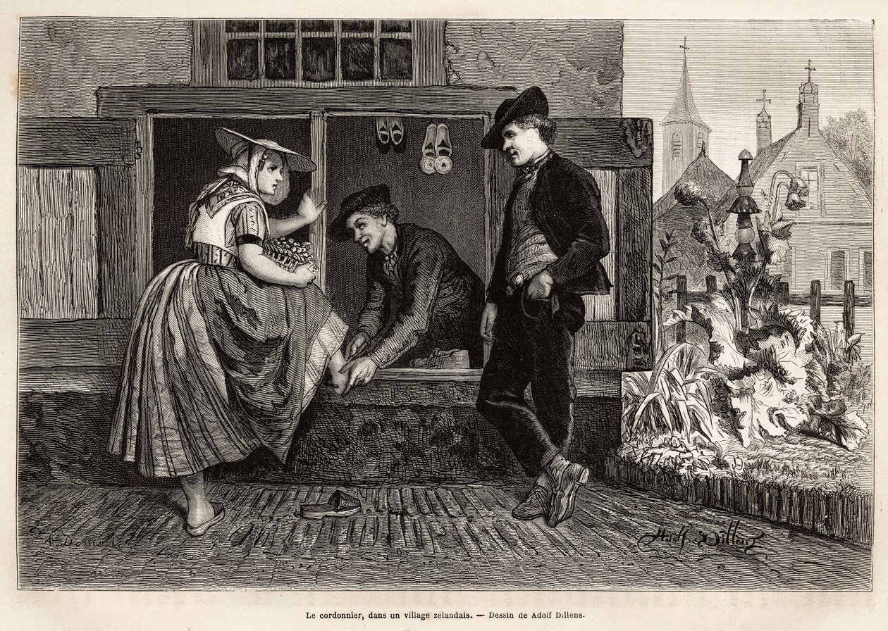 En skomakare i en by i Zelandan får en ung kvinna att prova en sko åtföljd av en ung man, gravering efter teckningen av Adolf Dillens, som illustrerar en resa till Zelande (Neerlande), 1873, av Charles de Coster, publicerad i "Le tour du monde” 1874, av Adolf Alexander Dillens