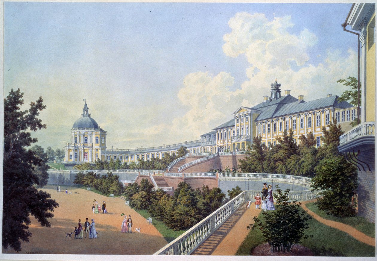Det stora palatset i Oranienbaum (Rysslands kungliga residens), beläget i Lomonossov i tätorten Sankt Petersburg (Det stora Oranienbaum-palatset). Målning av Adolf Bezemann (1806-1867). Akvarell på papper av Adolf Besemann