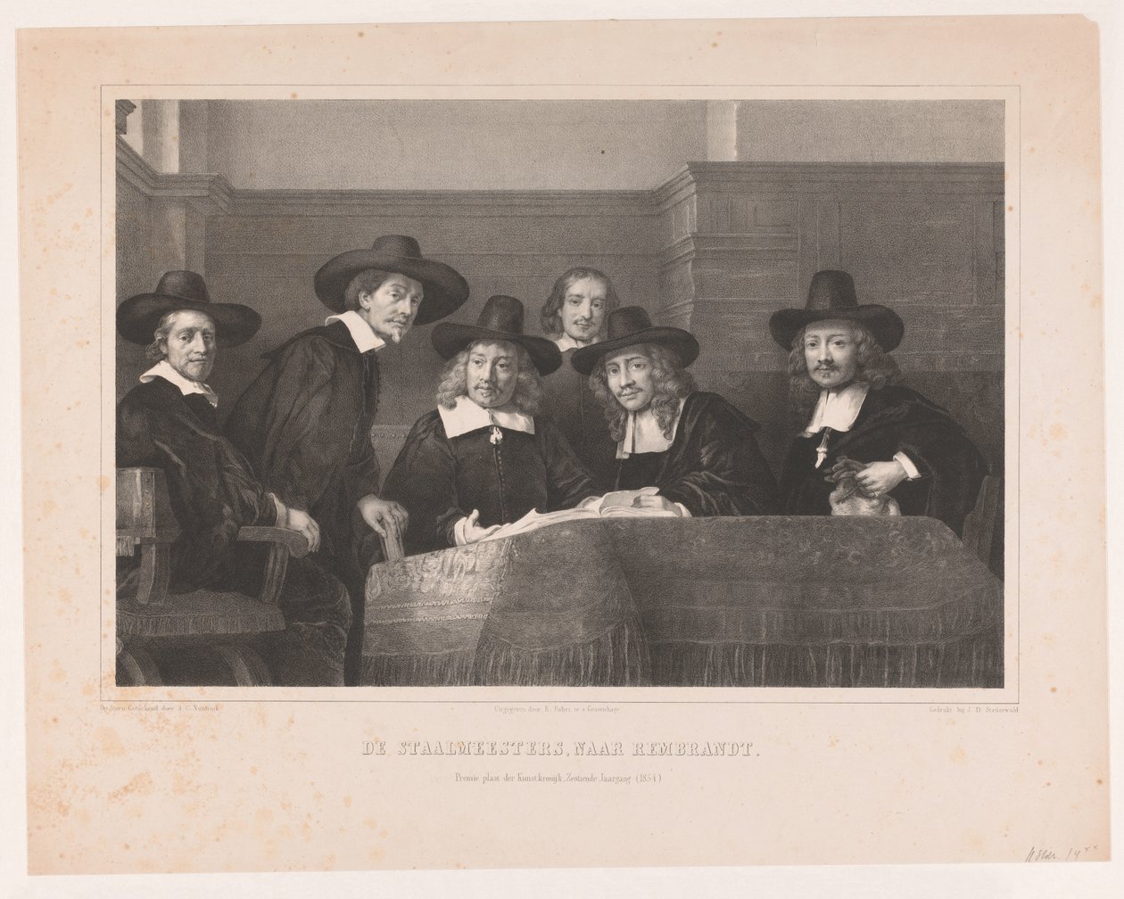 De Staalmeesters: kollegiet för provmästare (waardijns) i Amsterdams tygmakarskrå The Staalmeesters, efter Rembrandt / Premium plate der Kunstkronijk, sextonde volymen (1854) (titel på objekt) av Adolf Carel Nunnink