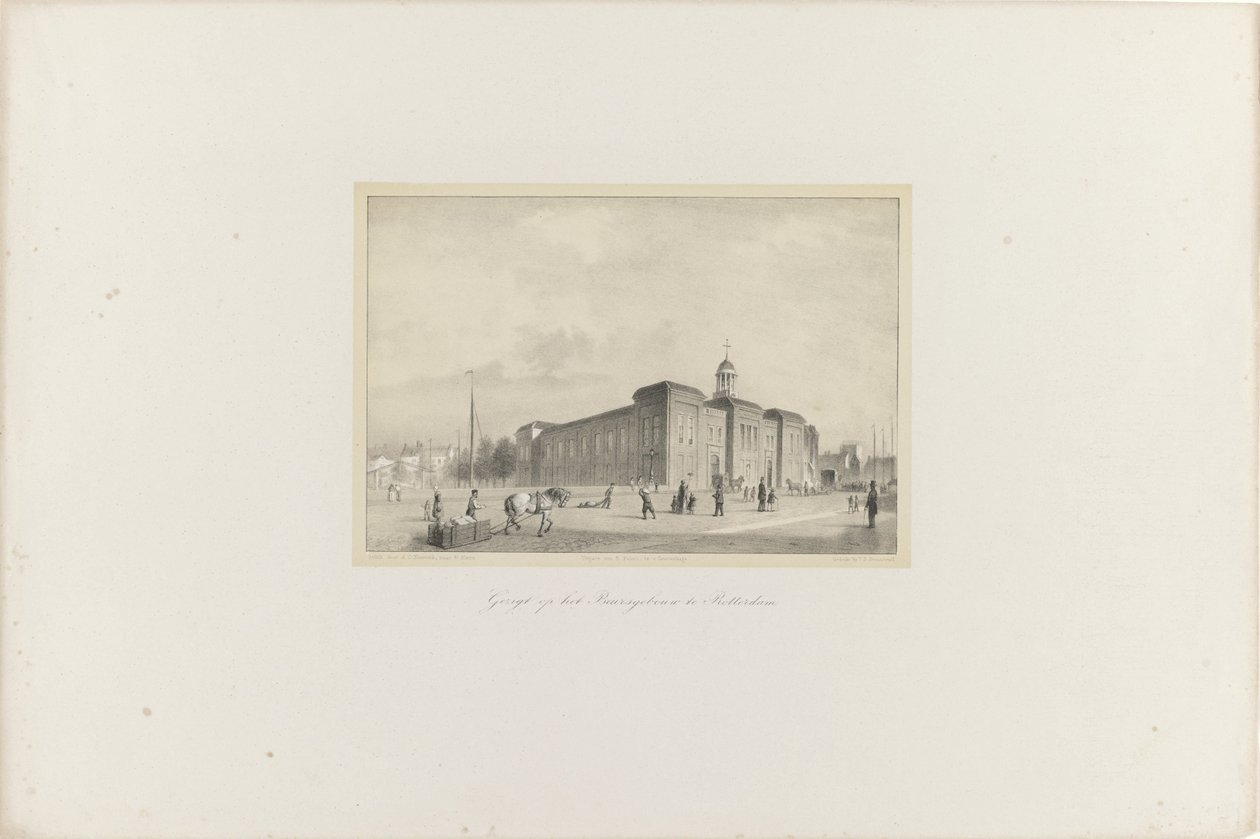 Utsikt över Beursgebouw i Rotterdam, 1854 Utsikt över Beursgebouw i Rotterdam (titel på objekt) Society for the Promotion of Toonkunst, dess musikfestival och staden Rotterdam. minne av året 1854 (serietitel på objekt) av Adolf Carel Nunnink