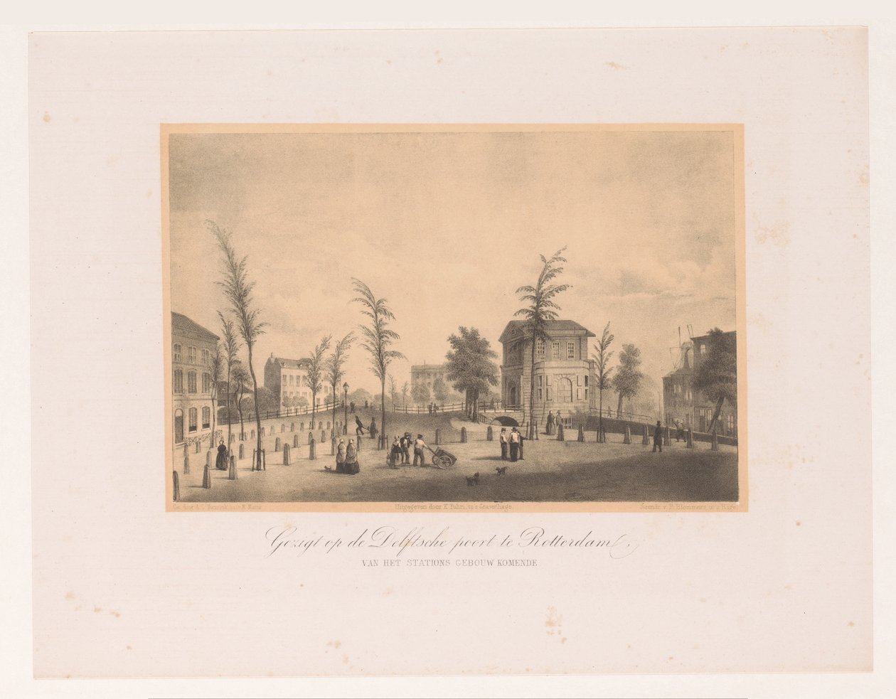 Utsikt över Delftse Poort i Rotterdam Utsikt över Delftsche Poort i Rotterdam / kommer från stationsbyggnaden (titel på objekt) Society for the Promotion of Toonkunst, dess musikfestival och staden Rotterdam. minne av året 1854 (se av Adolf Carel Nunnink