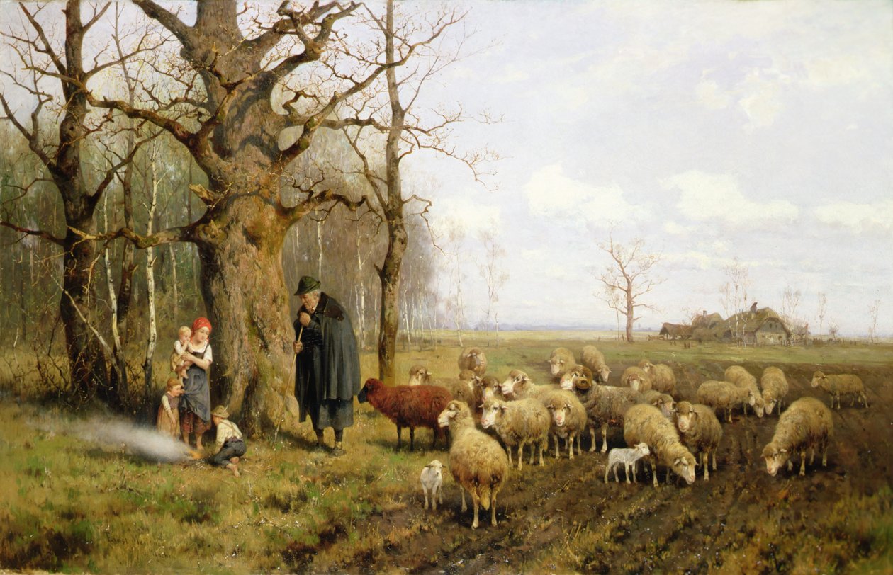 Barn med en herde och får i ett landskap (olja på duk) av Adolf Ernst Meissner