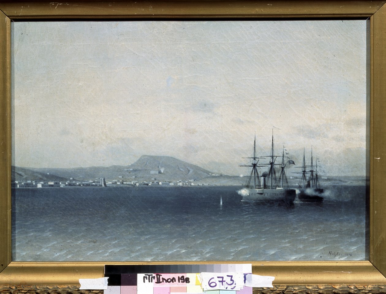Rysk-turkiska (Russo-turkiska) kriget 1877-1878: ""Staden Theodosia (eller Feodosiya) på Krim bombarderad av den turkiska flottan 1878"" (Den turkiska flottan bombade staden Feodosiya 1878) Målning av Adolf Fessler (1826-1885) 1878 staten Tretyakov G av Adolf Fessler