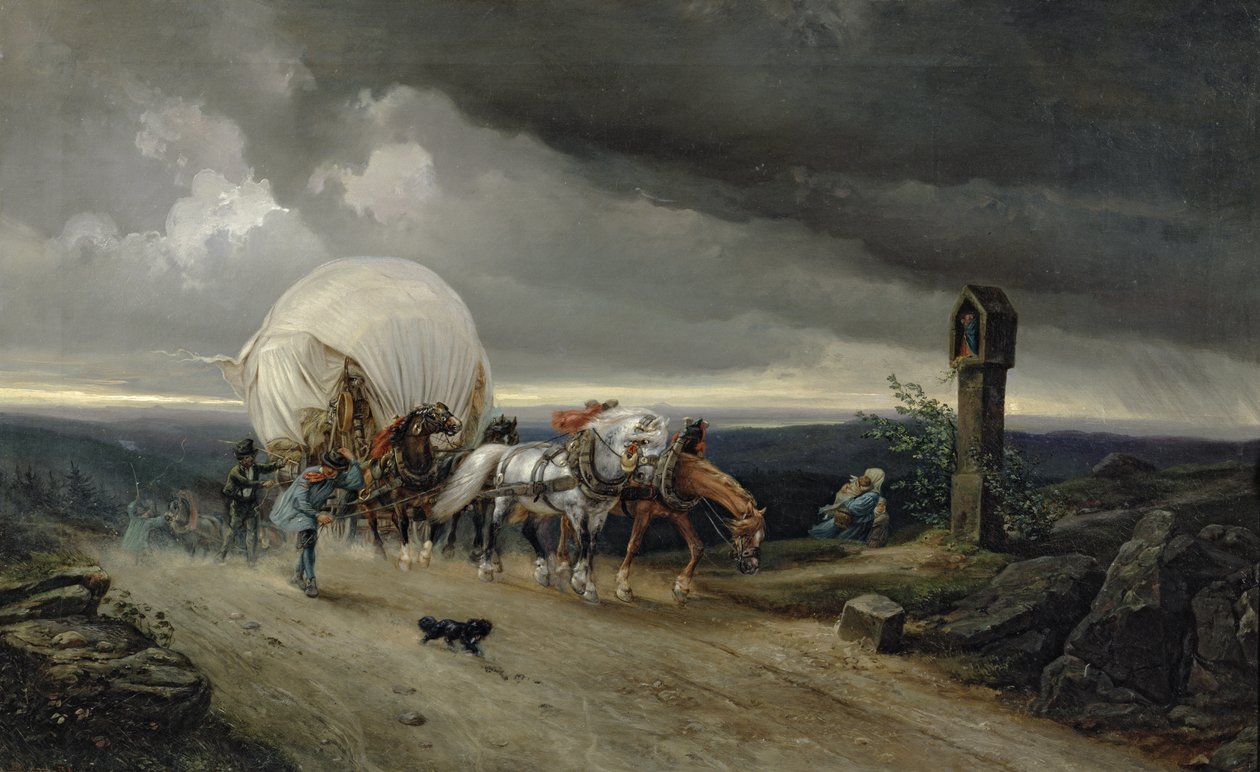 Hästar som drar vagnar uppför en kulle, 1856 av Adolf Friedrich