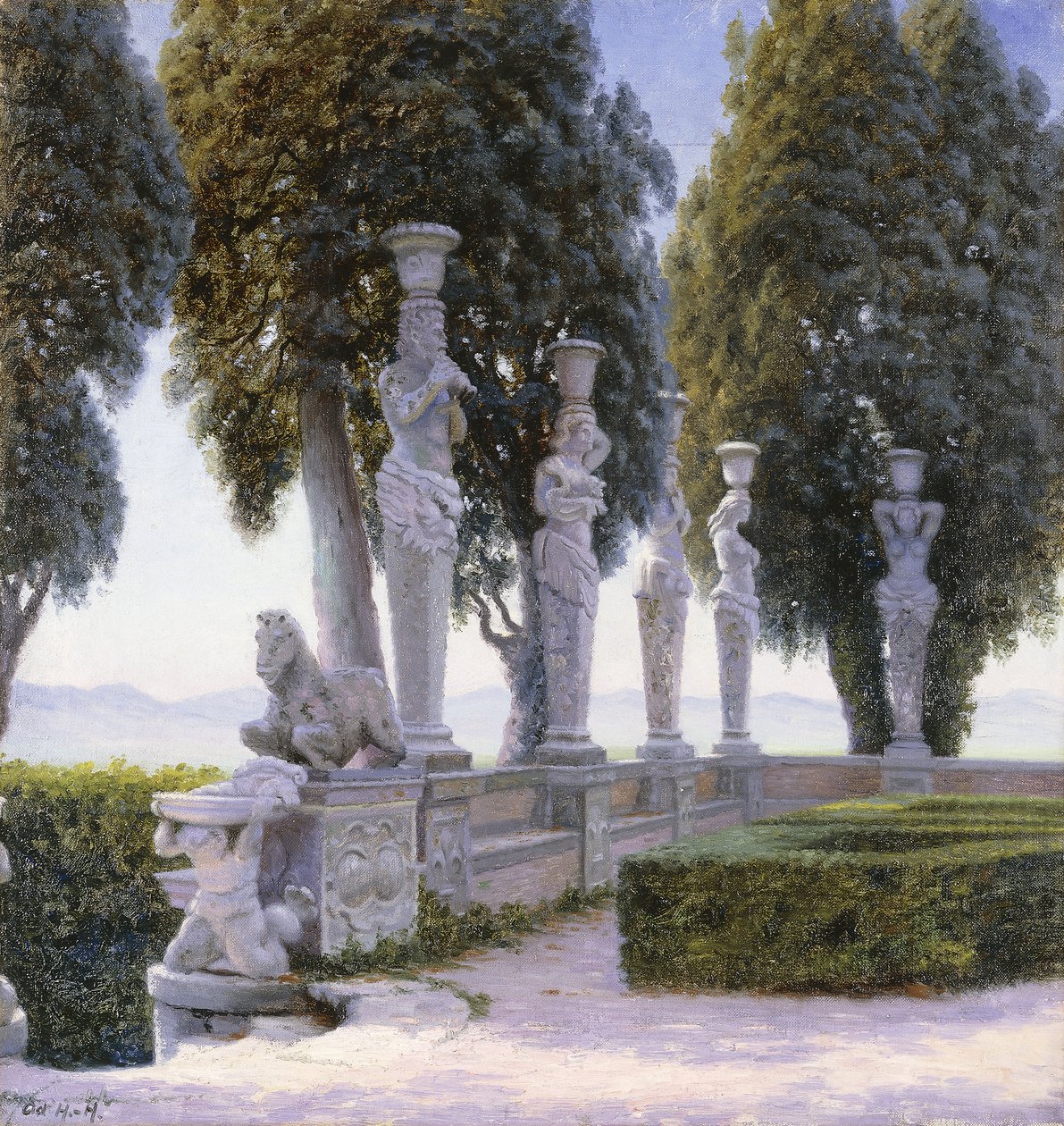 Torg med karyatider på tomten av Villa Farnese, Caprarola; Piazzale delle Cariatidi i parken Palazzo Farnese i Caprarola av Adolf Heinrich Hansen