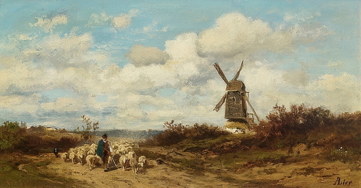Landskap med väderkvarn och herdar av Adolf Heinrich Lier