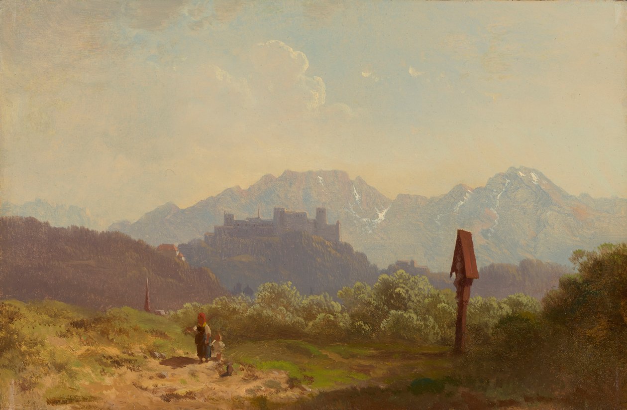 Tomt nära Salzburg med utsikt över fästningen Hohensalzburg och Untersberg som tornar upp sig bakom den av Adolf Heinrich Lier
