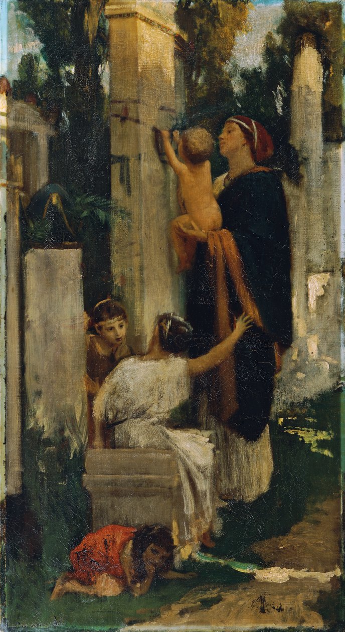 Forntida kyrkogårdsscen (kvinna med barn som dekorerar en grav) av Adolf Hiremy Hirschl