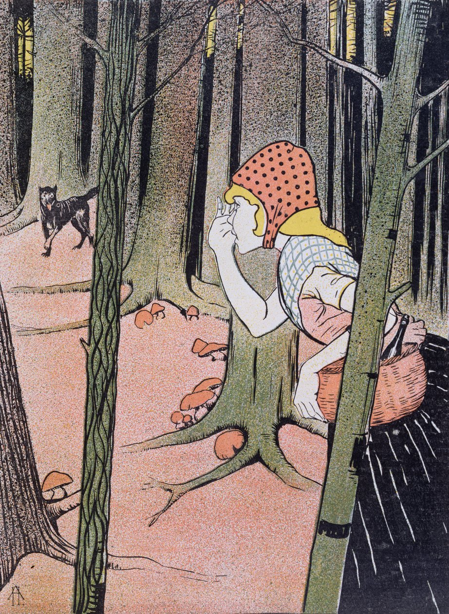 Rödluvan ser vargen i skogen, illustration från Jugend publicerad i München 1896 av Adolf Hofer