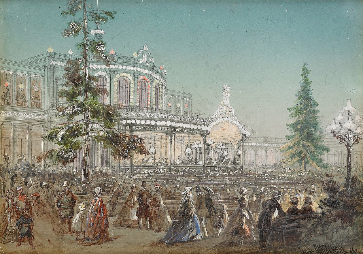 ""Firande av 25-årsjubileet för Tsarskoe Selo Railroad vid Pavlovsk järnvägsstations konserthus"" av Adolf Charlemagne (1826-1901), Gouache på kartong av Adolf Jossifowitsch Charlemagne