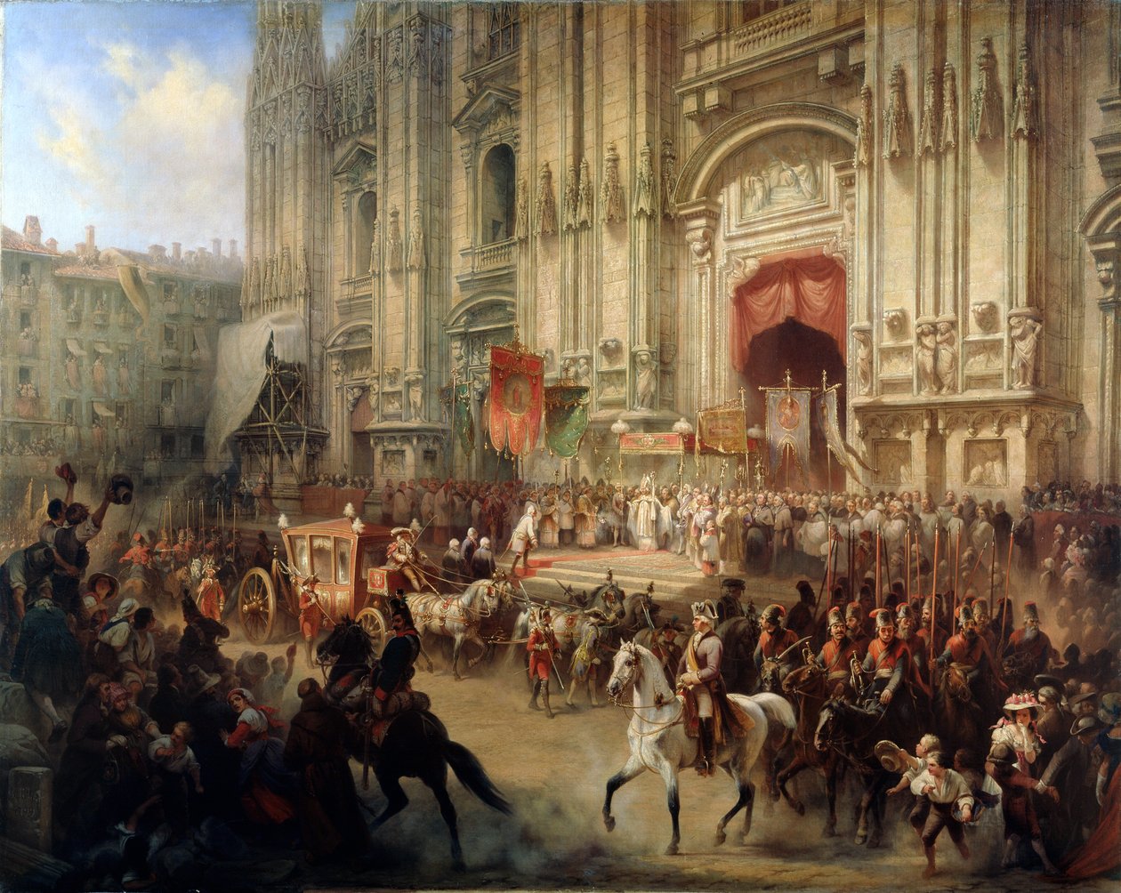 Ceremoniell mottagning av fältmarskalk Alexander Suvorov i Milano i april 1799, 1850-talet av Adolf Jossifowitsch Charlemagne