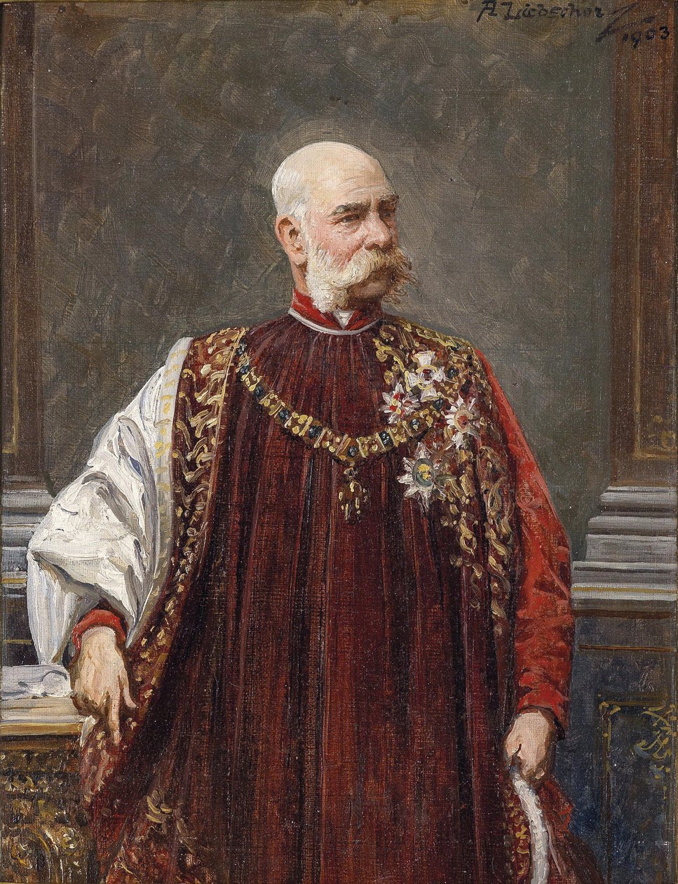 Porträtt av Franz Joseph I av Österrike som stormästare i det gyllene skinnet, 1903 av Adolf Liebscher