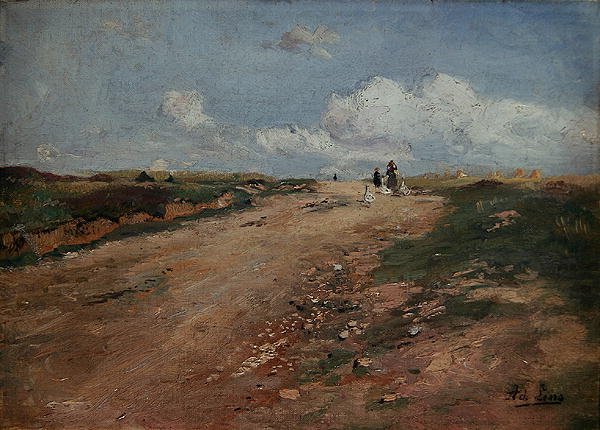 Landsväg i Schwalm med en flicka och gäss (olja på duk) av Adolf Lins