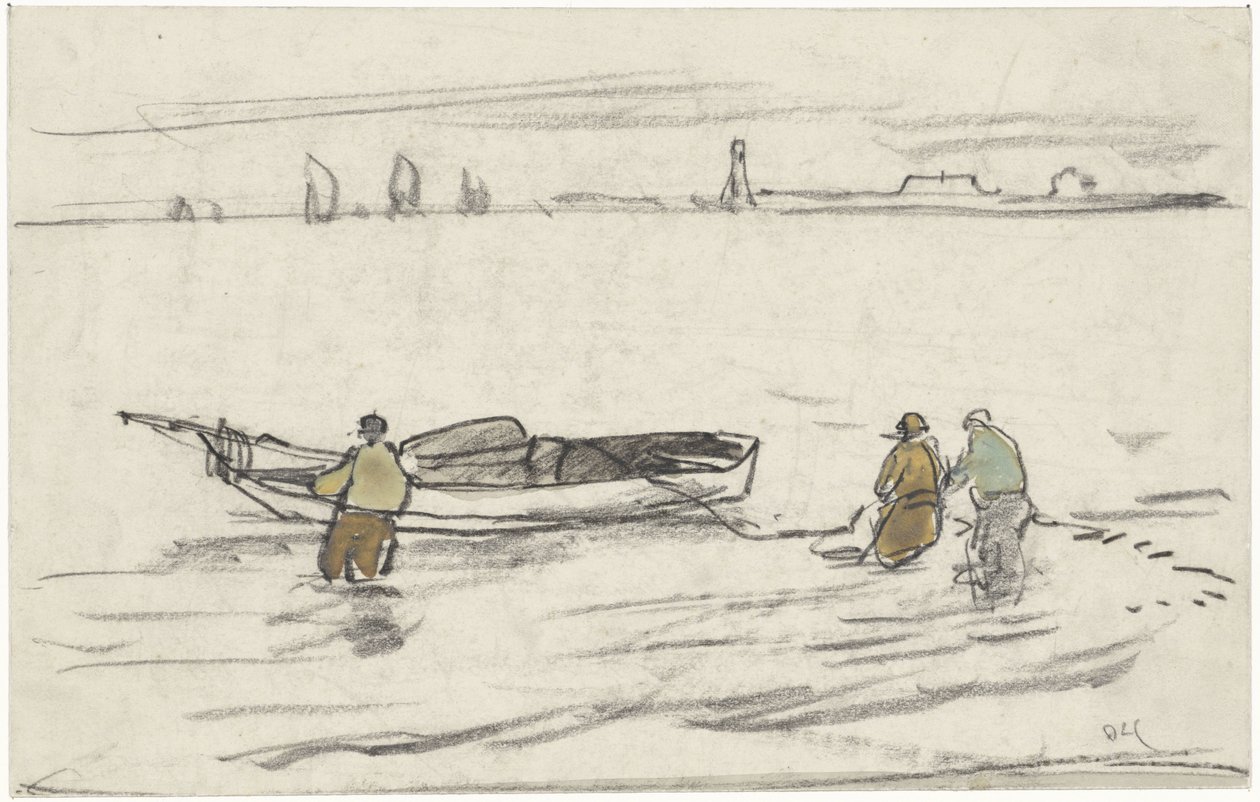 Tre män som står i vattnet drar en segelbåt åt sidan av Adolf le Comte