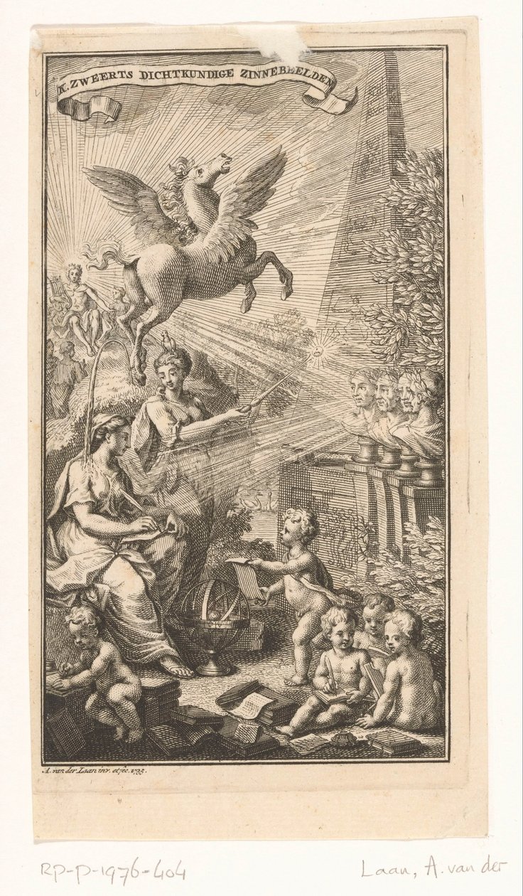 Allegorisk scen med kvinna som skriver, byster, Pegasus och Apollo Titelsida för: Cornelis Sweerts, Poetiska symboler, 1736 av Adolf van der Laan