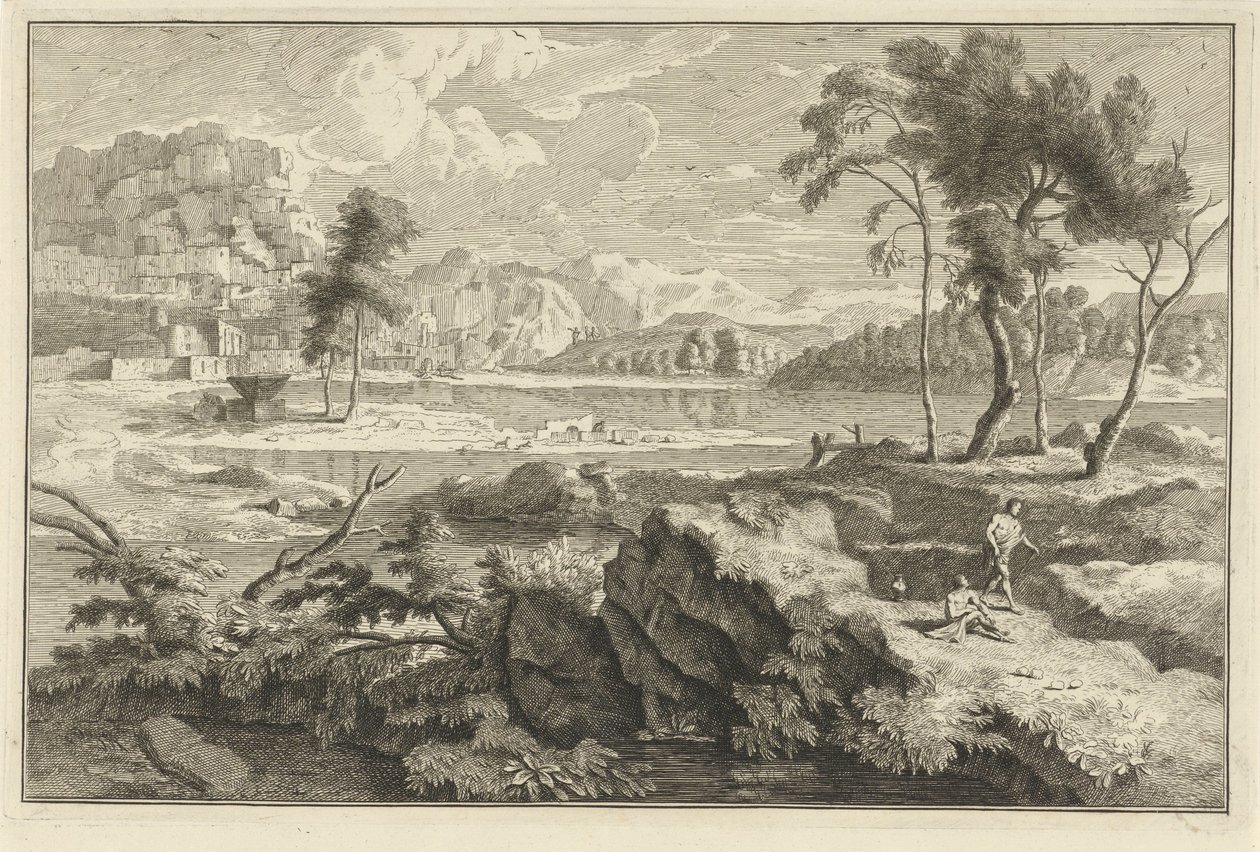 Arkadiskt landskap med klippor och flod Italienska och tyska landskap (serietitel) av Adolf van der Laan