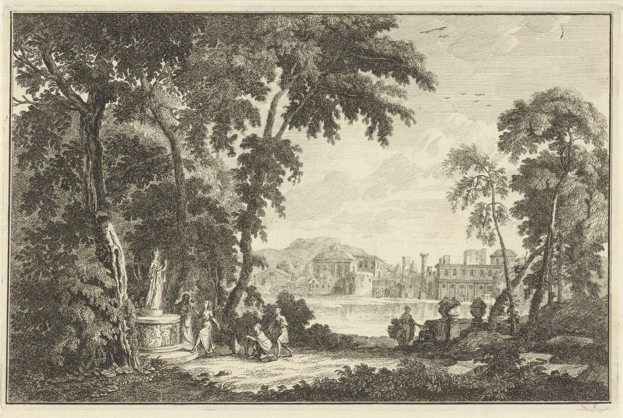Arkadiskt flodlandskap med figurer som dyrkar en staty Italienska och tyska landskap (serietitel) av Adolf van der Laan