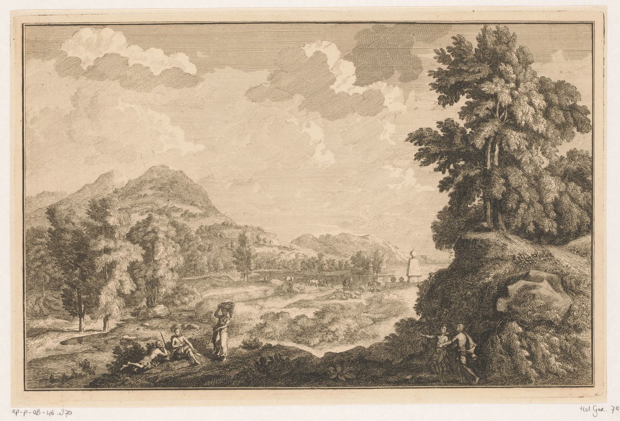 Arkadiskt flodlandskap med herdar och en kvinna med en tvättkorg Italienska och tyska landskap (serietitel) av Adolf van der Laan
