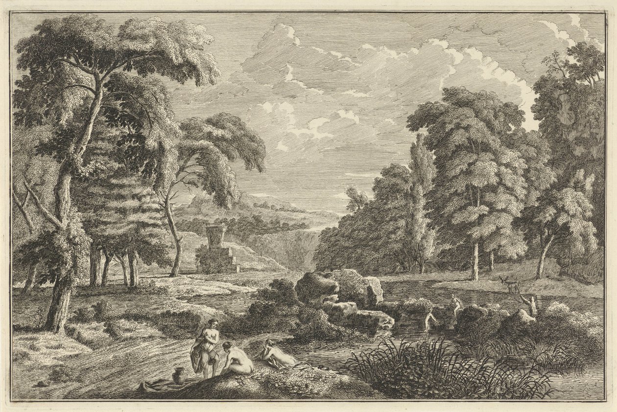Arkadiskt flodlandskap med fem badande kvinnor och en hjort av Adolf van der Laan