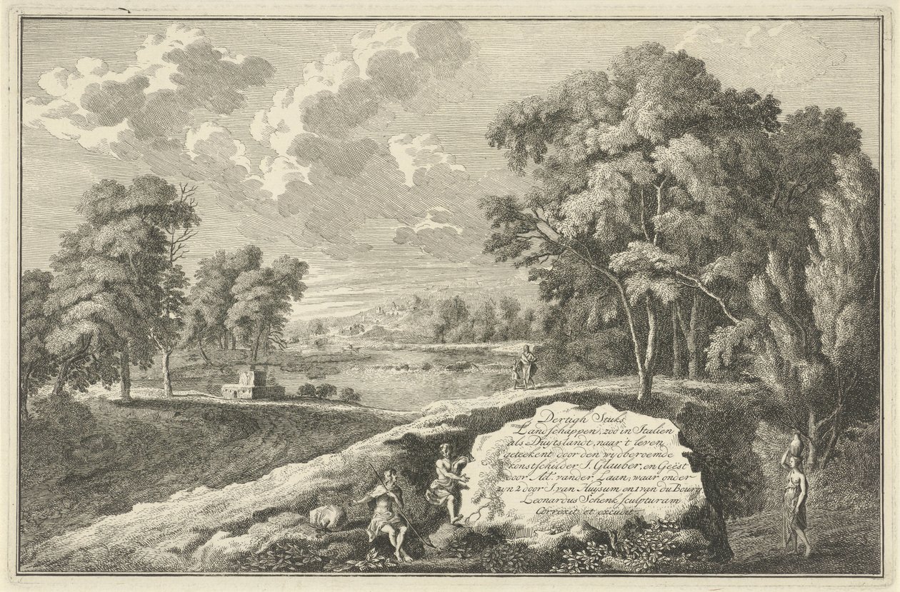 Arkadiskt flodlandskap med kvinna och barn Titeltryck för: Trettio stycken landskapszoo i Italien als Duytslandt Italienska och tyska landskap (serietitel) av Adolf van der Laan