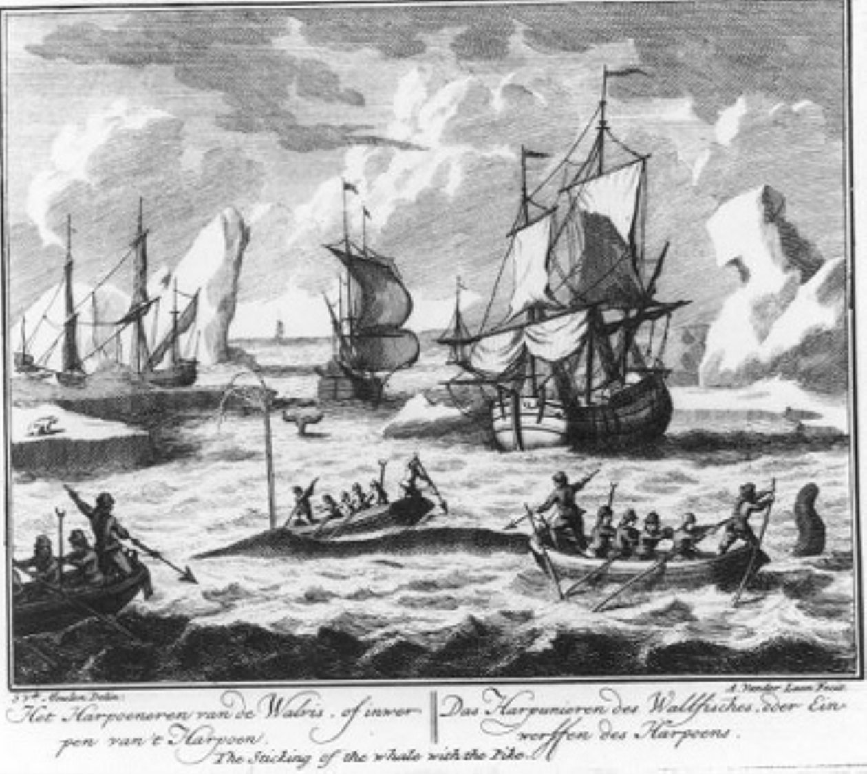 ”Harpuneringen av valen, eller kastet med harpunen” (nr 2 ur serien om valfångst) av Adolf van der Laan