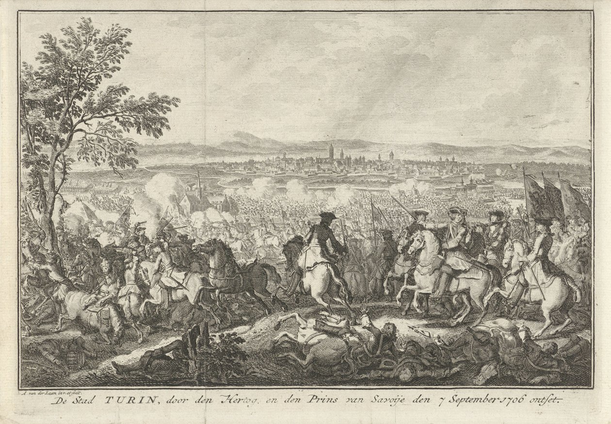 Relief av Turin, 1706 Staden Turin, skändad av hertigen och prinsen av Savojen den 7 september 1706 (titel på objektet) av Adolf van der Laan