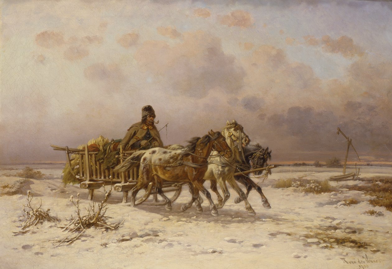 En bonde i en släde som kör tre hästar av Adolf van der Venne