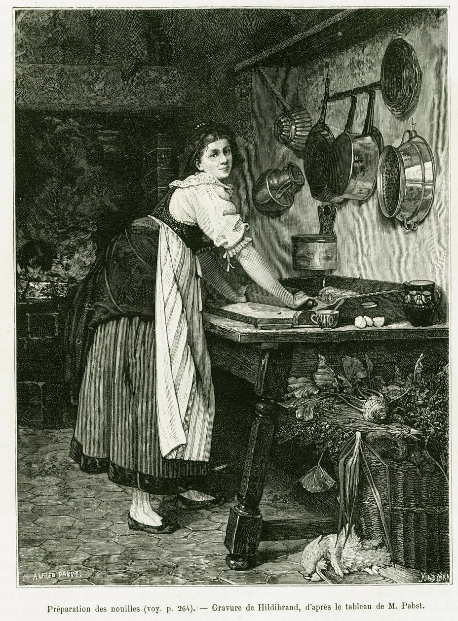 Nudelberedning. Gravyr av Hildibrand, för att illustrera berättelsen A Through Alsace and Lorraine, 1887, av Charles Grad, tysk deputerad, i tour du monde 1888, regisserad av Edouard Charton (1807-1890), Hachette, Paris. av Adolf von Hildebrand