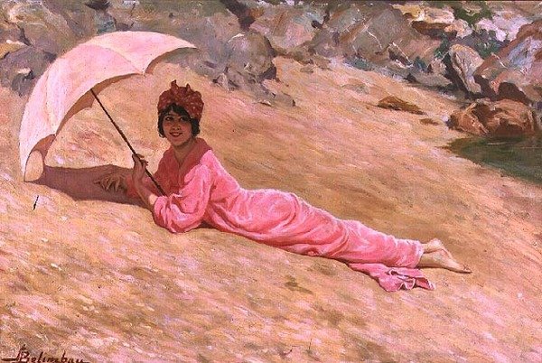 Flicka som ligger på stranden med ett rosa parasoll (olja på duk) av Adolfo Belimbau