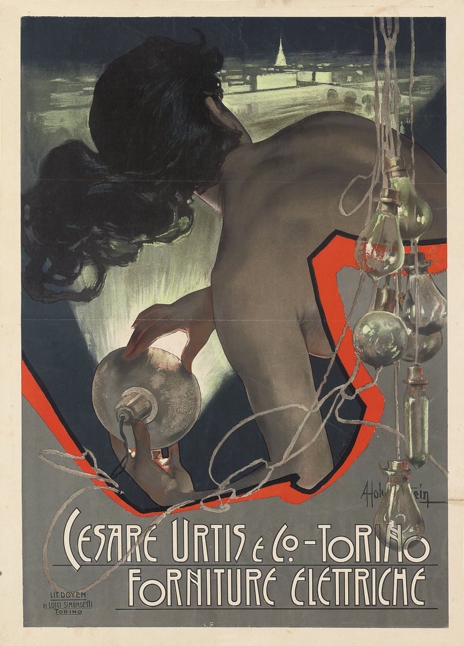 Reklamaffisch producerad för det italienska belysningsföretaget Cesare Urtis & Co. i Turin, 1889 av Adolfo Hohenstein