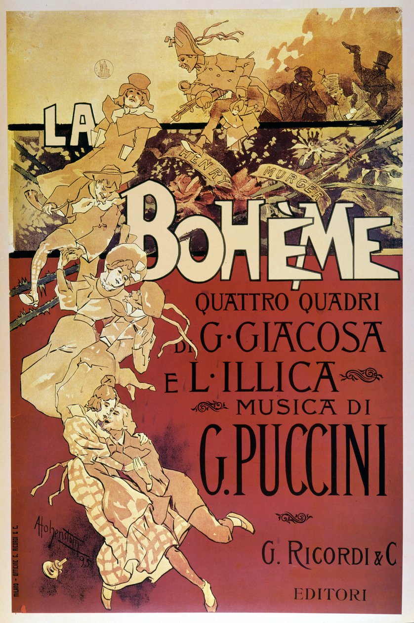 Affisch av La Bohème av Adolfo Hohenstein för premiären av Giacomo Puccinis opera på Teatro Regio di Torino, 1896-02-01. av Adolfo Hohenstein