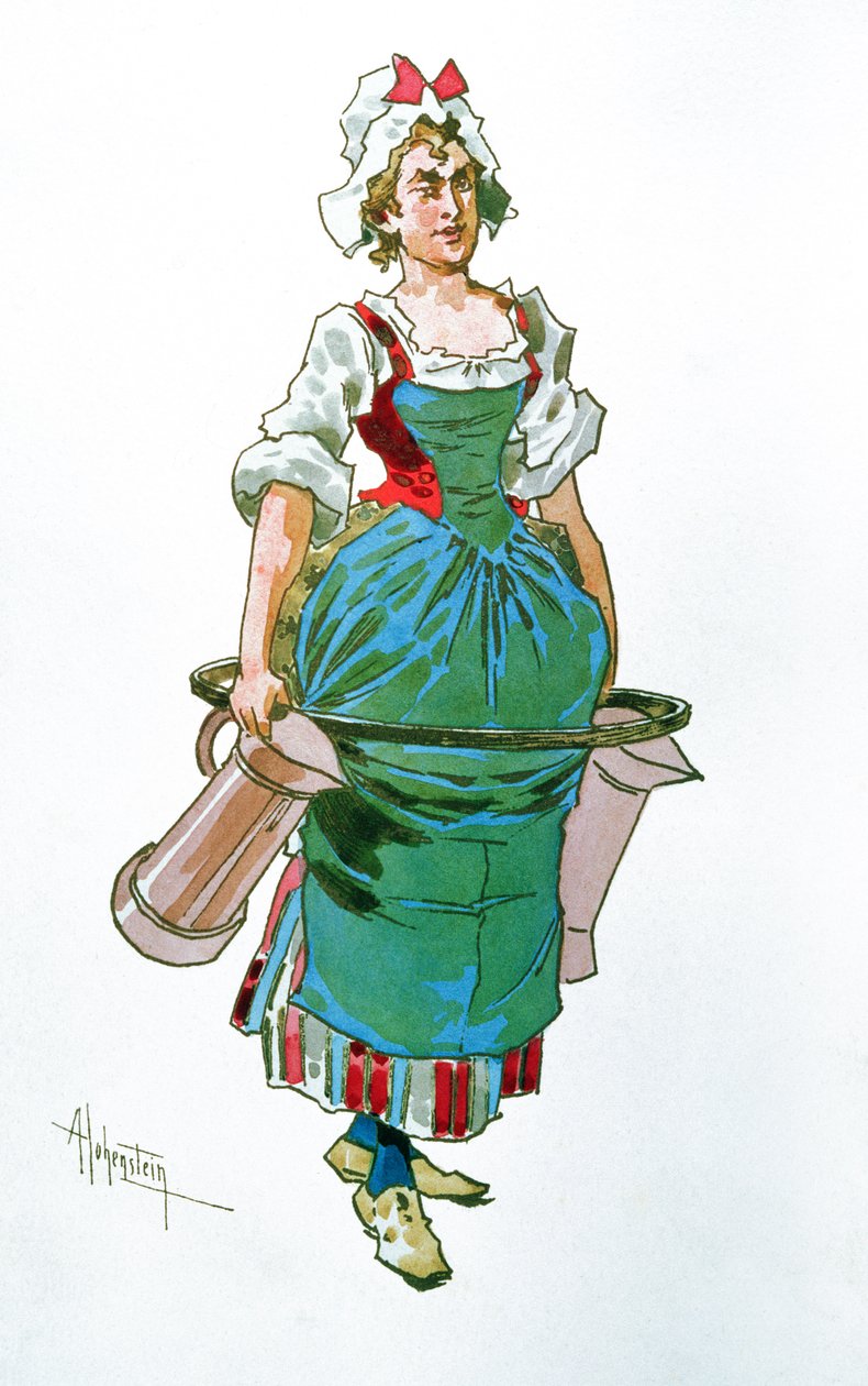 Kostymdesign för en tjänarinna från Operan Manon Lescaut av Giacomo Puccini (1858-1924) (wc) av Adolfo Hohenstein